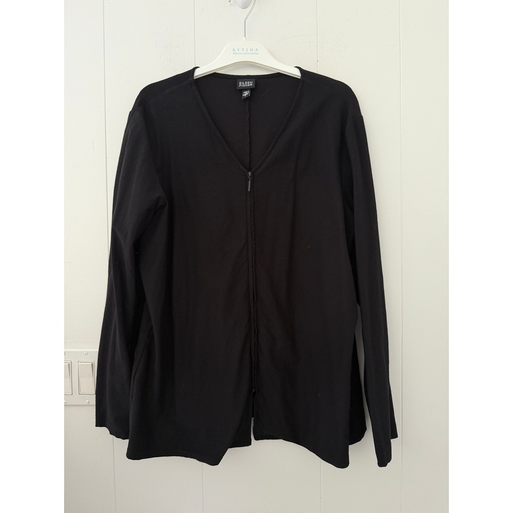 Eileen Fisher Black Full Zip Cardigan Jacket Size Large Viscose Blend